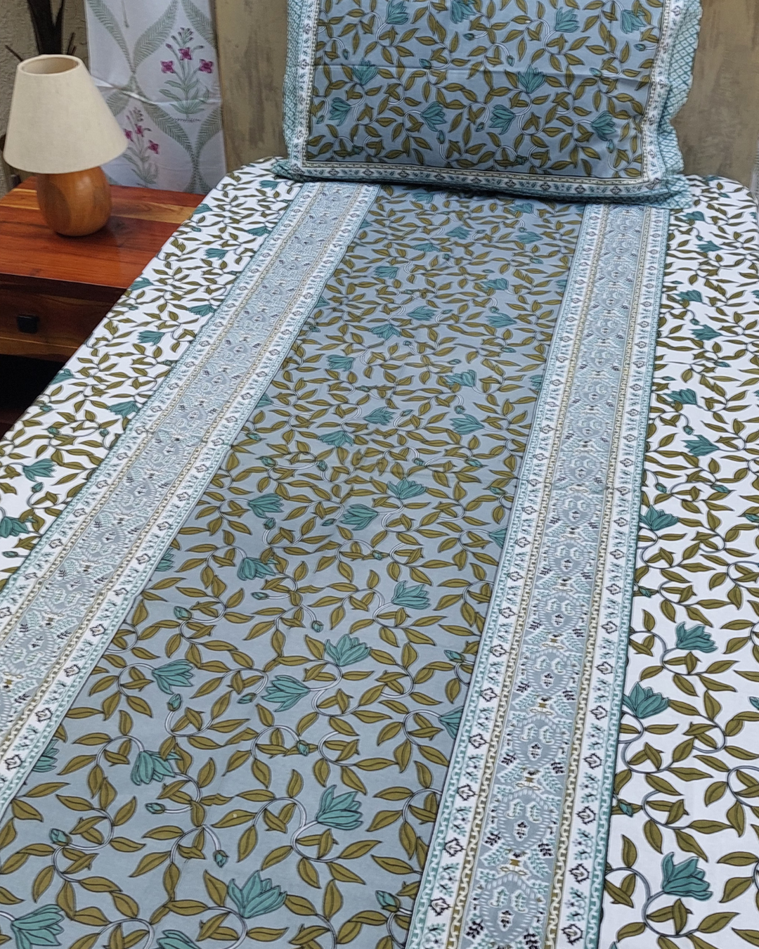 Cotton Single Bedsheet with Pillow Grey Green  Floral Jaal Print
