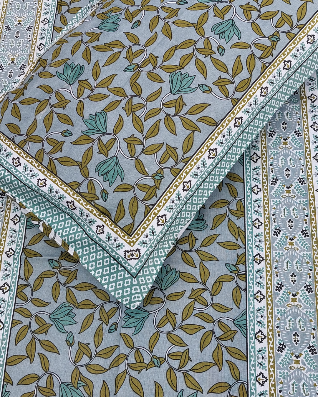 Cotton Single Bedsheet with Pillow Grey Green  Floral Jaal Print
