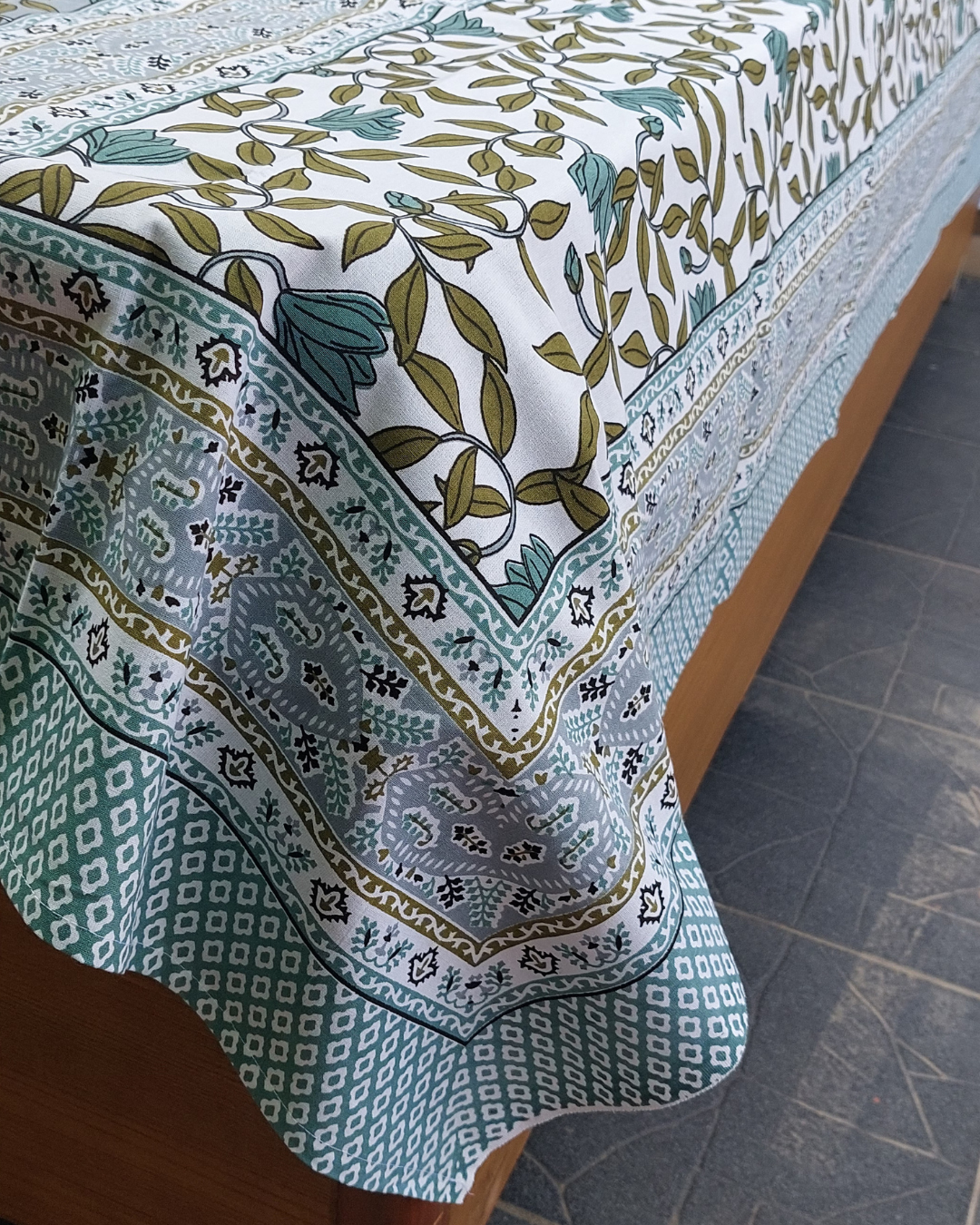 Cotton Single Bedsheet with Pillow Grey Green  Floral Jaal Print