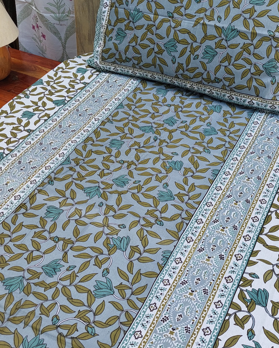 Cotton Single Bedsheet with Pillow Grey Green  Floral Jaal Print