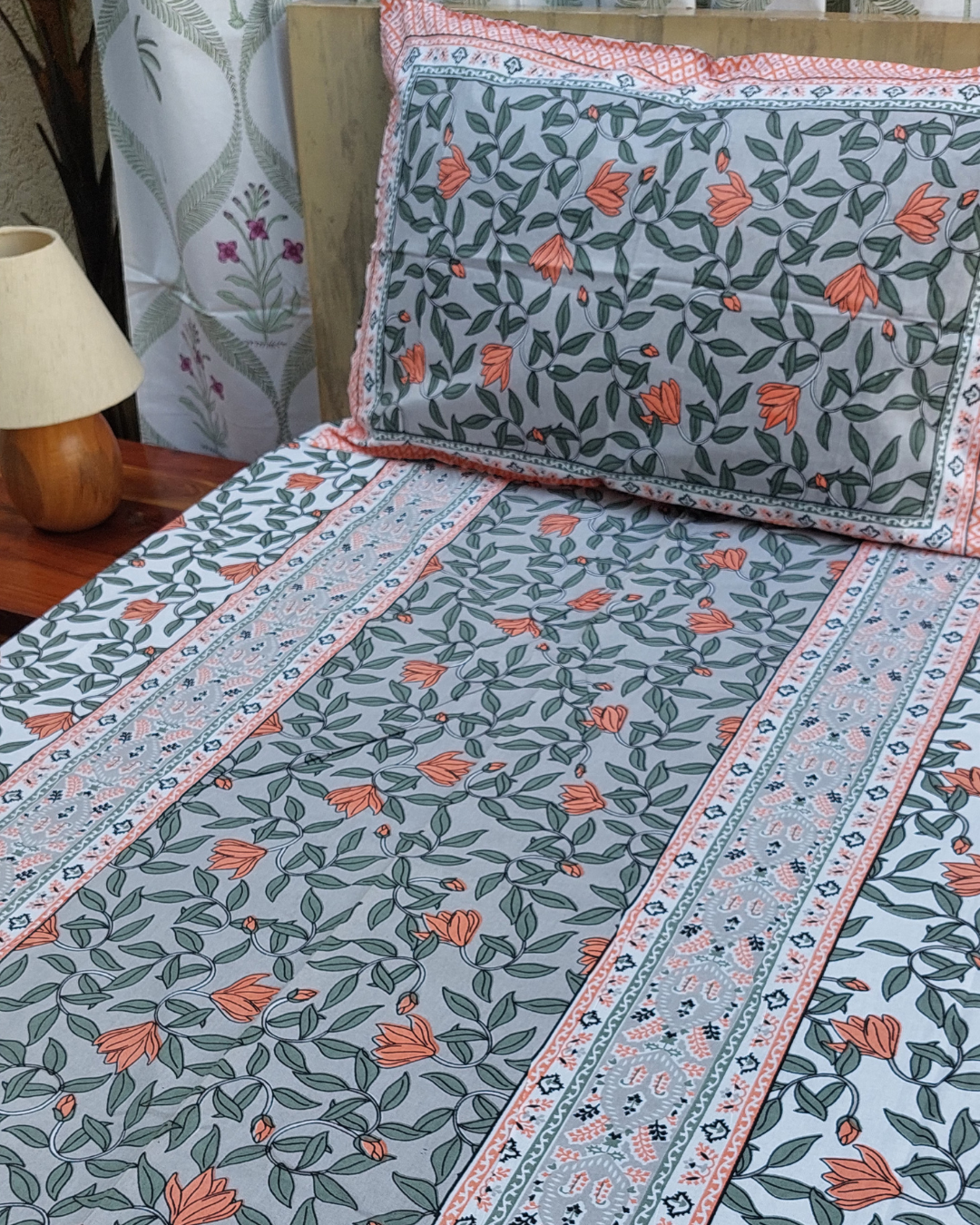 Cotton Single Bedsheet with Pillow Grey Orange  Floral Jaal Print