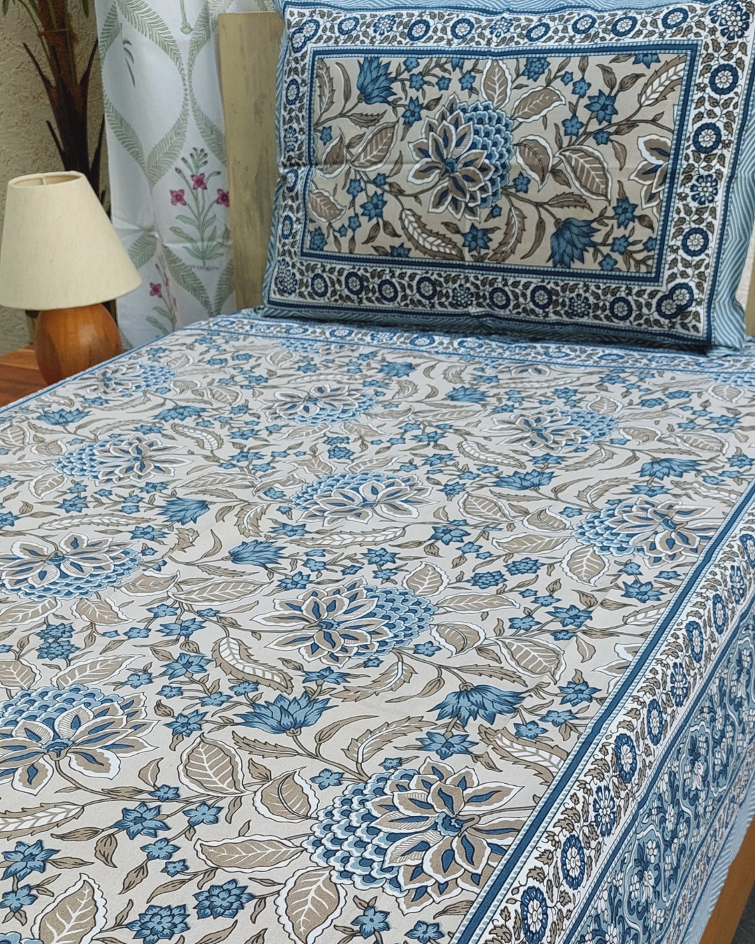 Cotton Single Bedsheet with Pillow Desert Grey  Floral Jaal Print