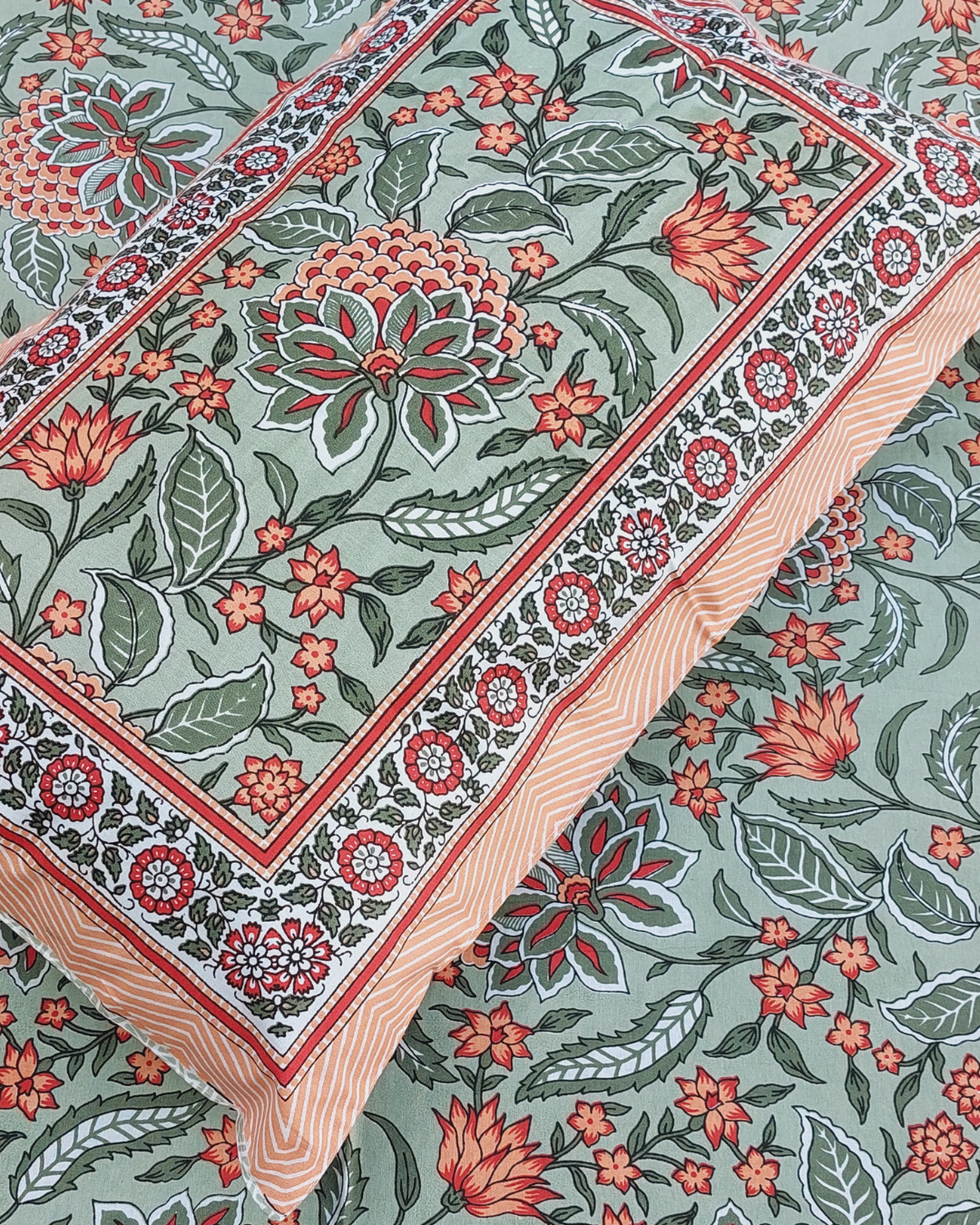 Cotton Single Bedsheet with Pillow Grey Green  Floral Jaal Print