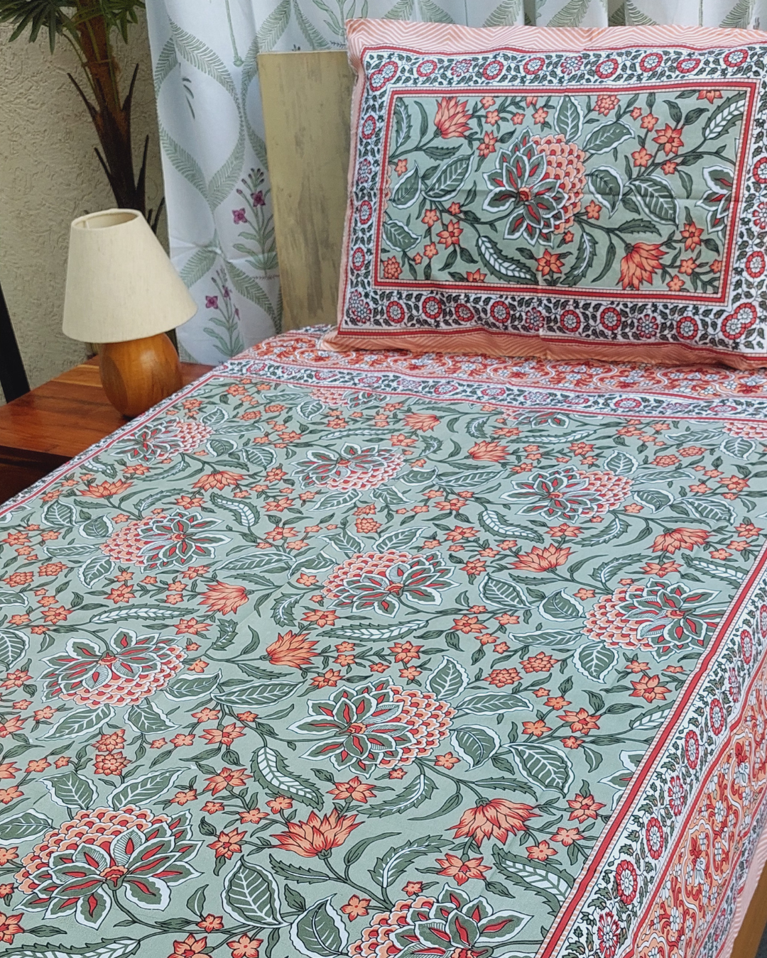 Cotton Single Bedsheet with Pillow Grey Green  Floral Jaal Print