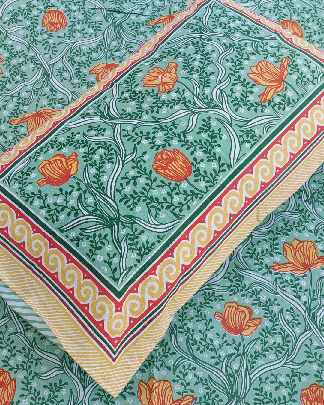 Cotton Single Bedsheet with Pillow Green Orange  Floral Jaal Print