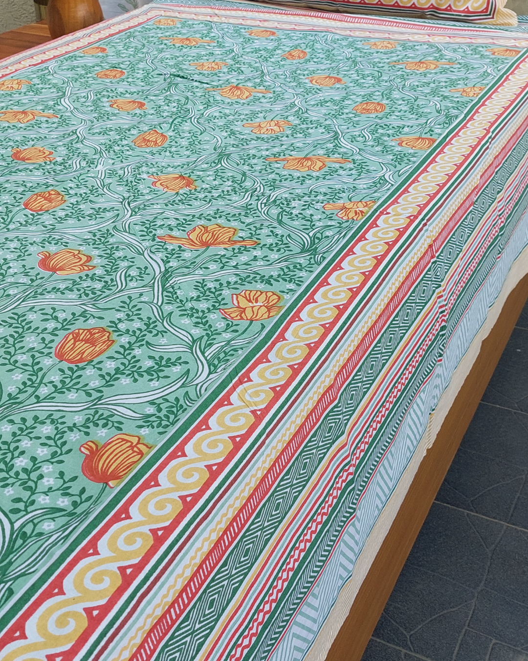 Cotton Single Bedsheet with Pillow Green Orange  Floral Jaal Print