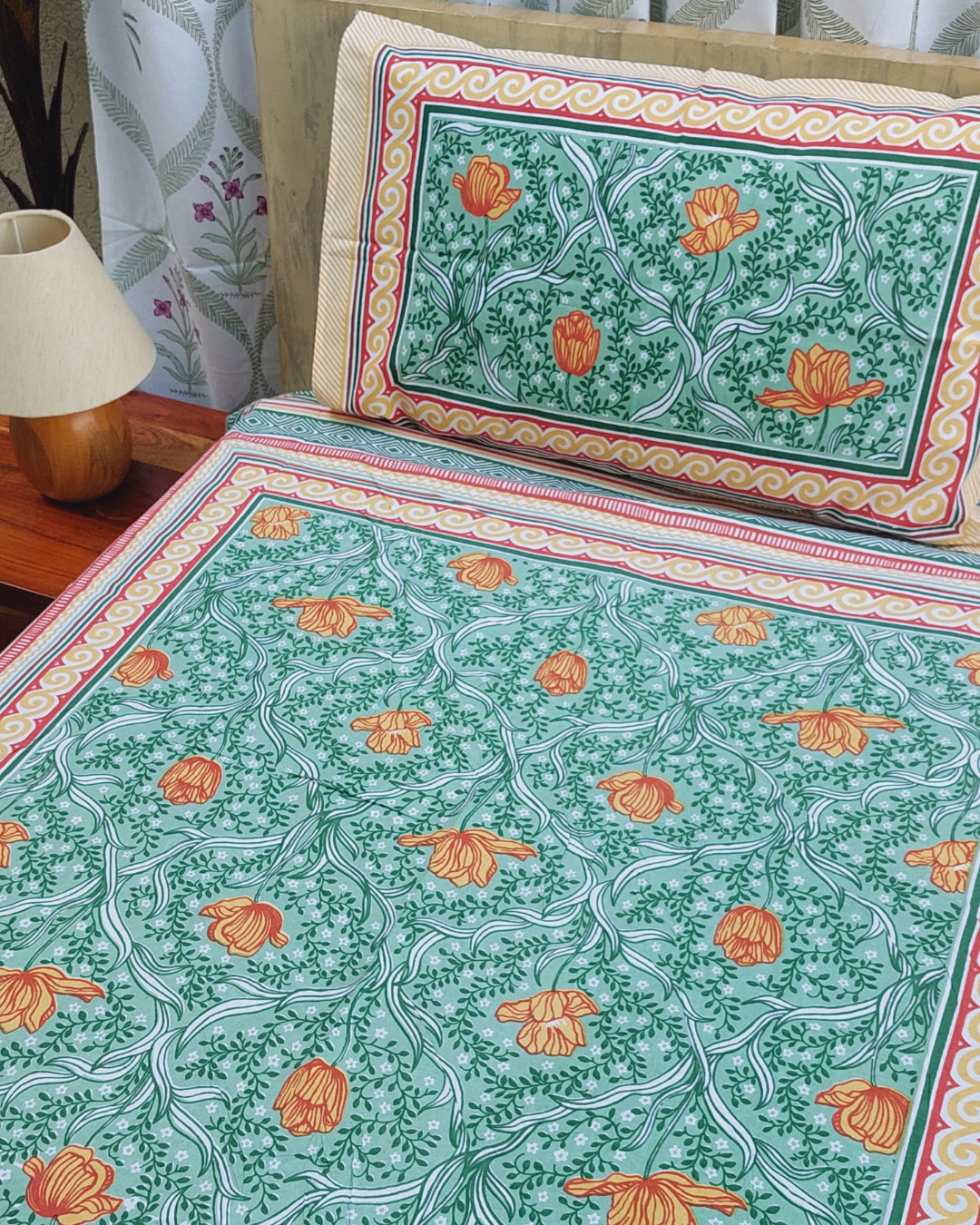 Cotton Single Bedsheet with Pillow Green Orange  Floral Jaal Print