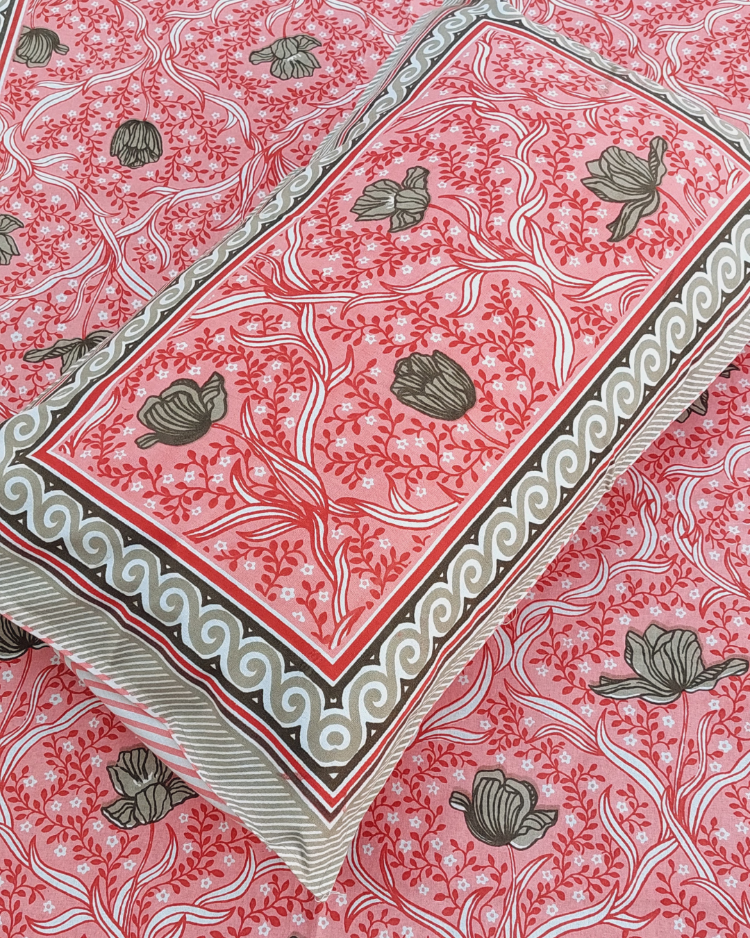 Cotton Single Bedsheet with Pillow Brown Pink  Floral Jaal Print