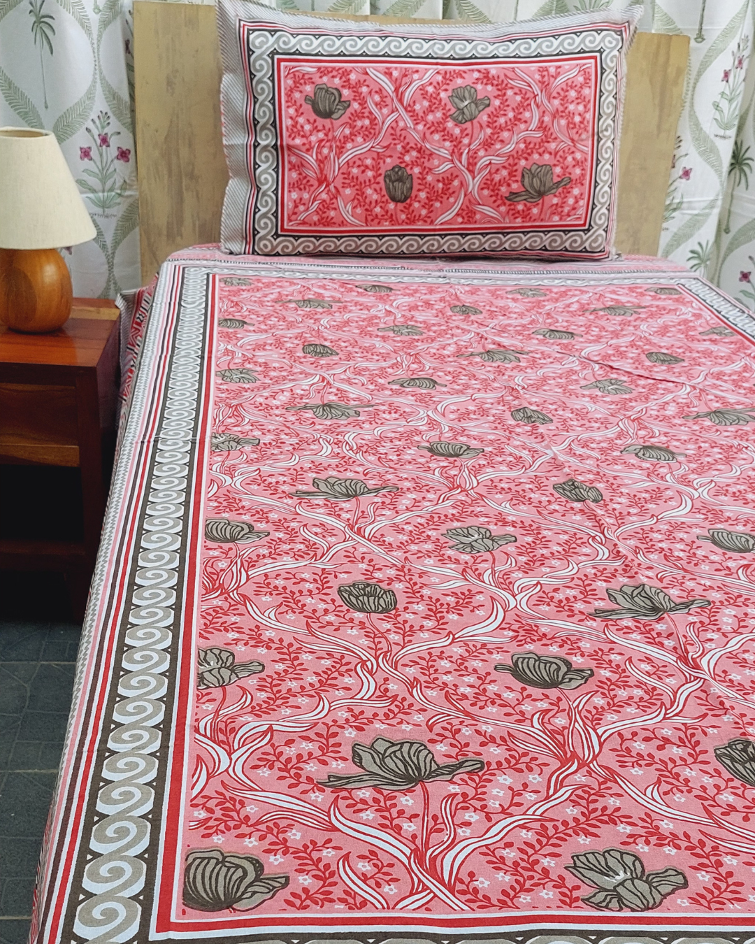 Cotton Single Bedsheet with Pillow Brown Pink  Floral Jaal Print