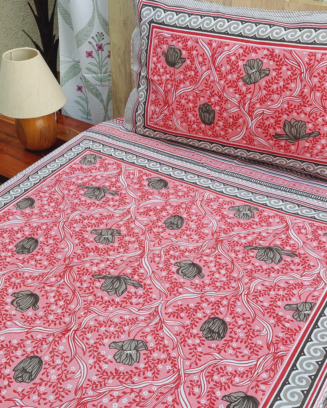 Cotton Single Bedsheet with Pillow Brown Pink  Floral Jaal Print