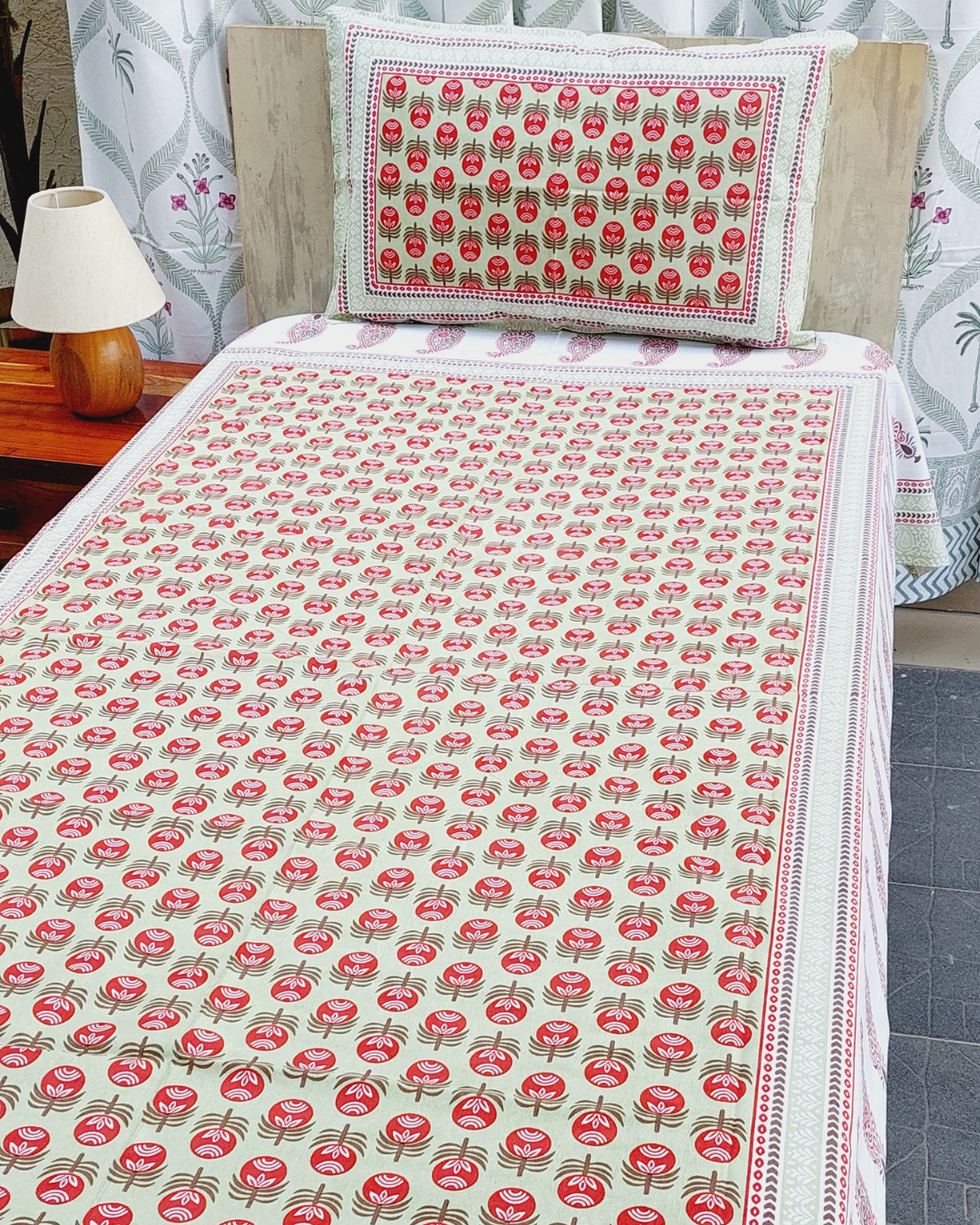 Cotton Single Bedsheet with Pillow Grey Green  Floral Jaal Print
