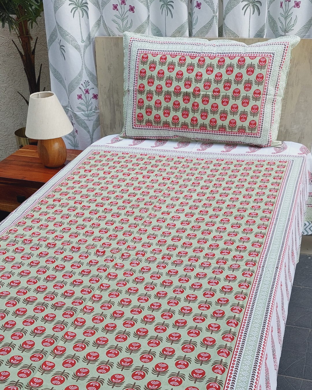 Cotton Single Bedsheet with Pillow Grey Green  Floral Jaal Print