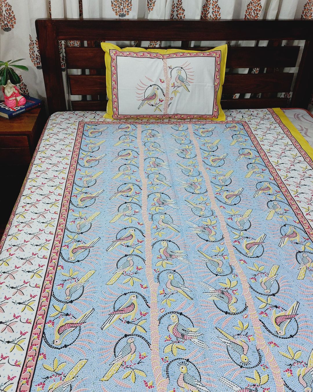 Cotton Single Bedsheet with Pillow  Blue-Mustard Bird Jaal Print