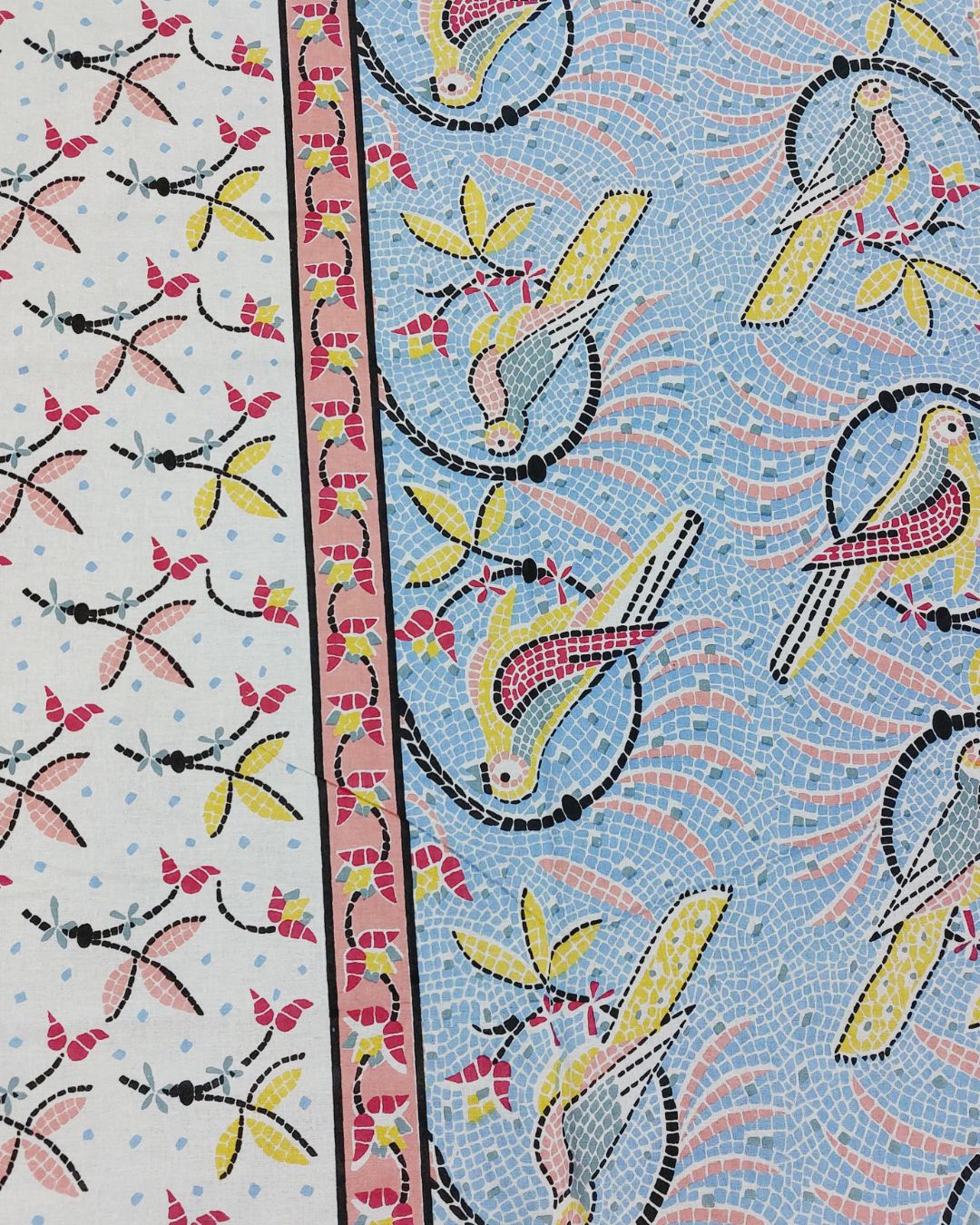 Cotton Single Bedsheet with Pillow  Blue-Mustard Bird Jaal Print