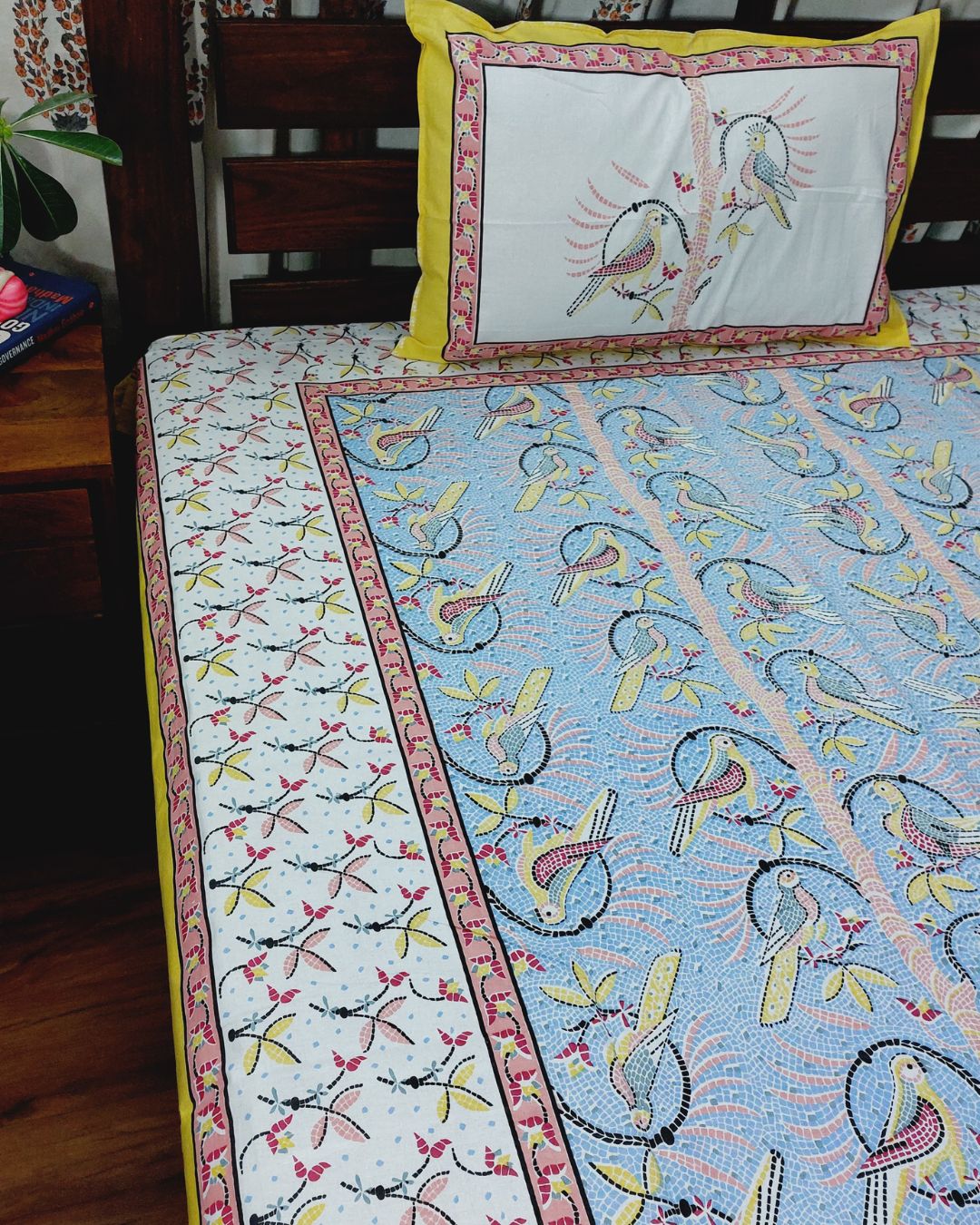Cotton Single Bedsheet with Pillow  Blue-Mustard Bird Jaal Print