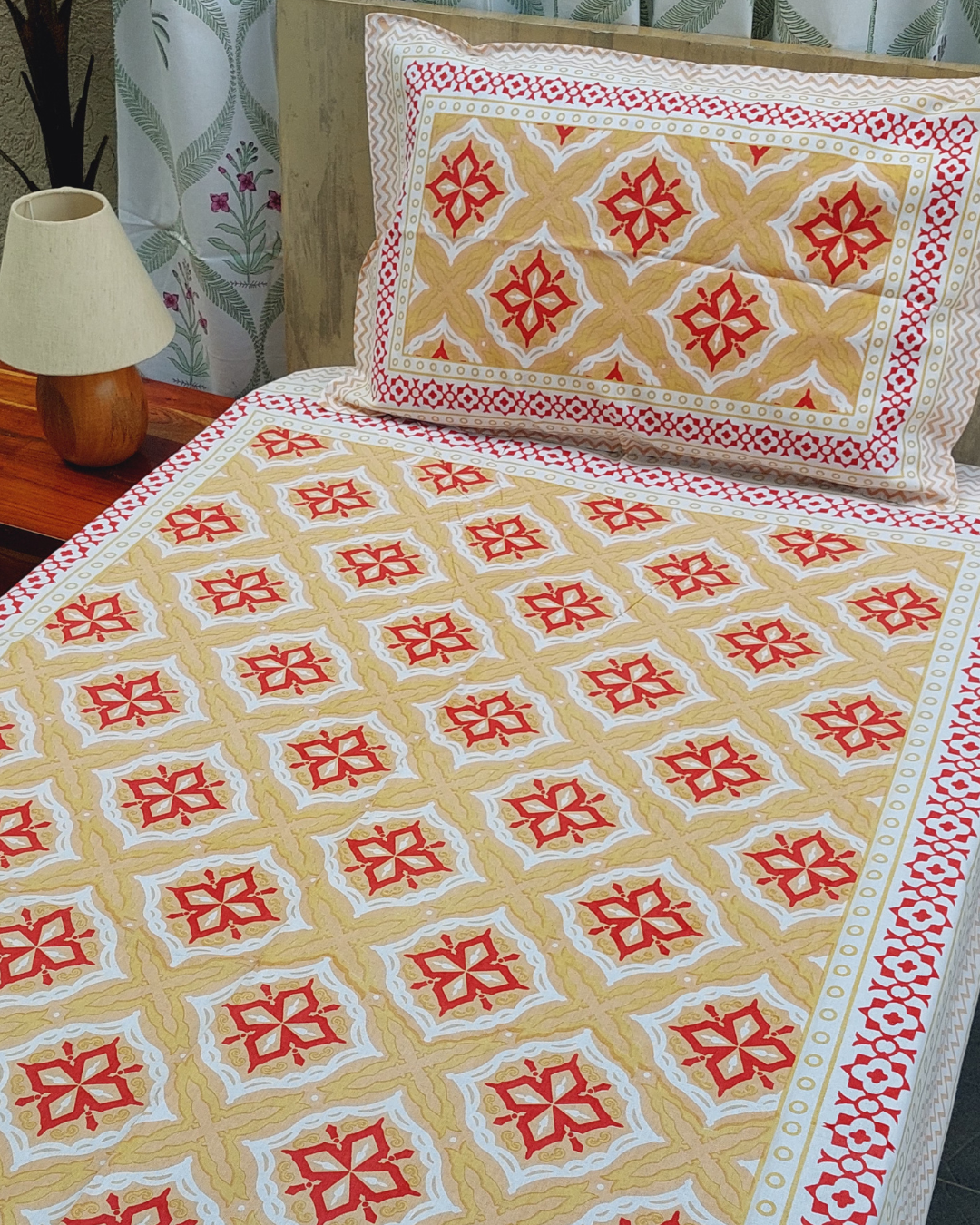 Cotton Single Bed Sheet Yellow Red Geometric Print