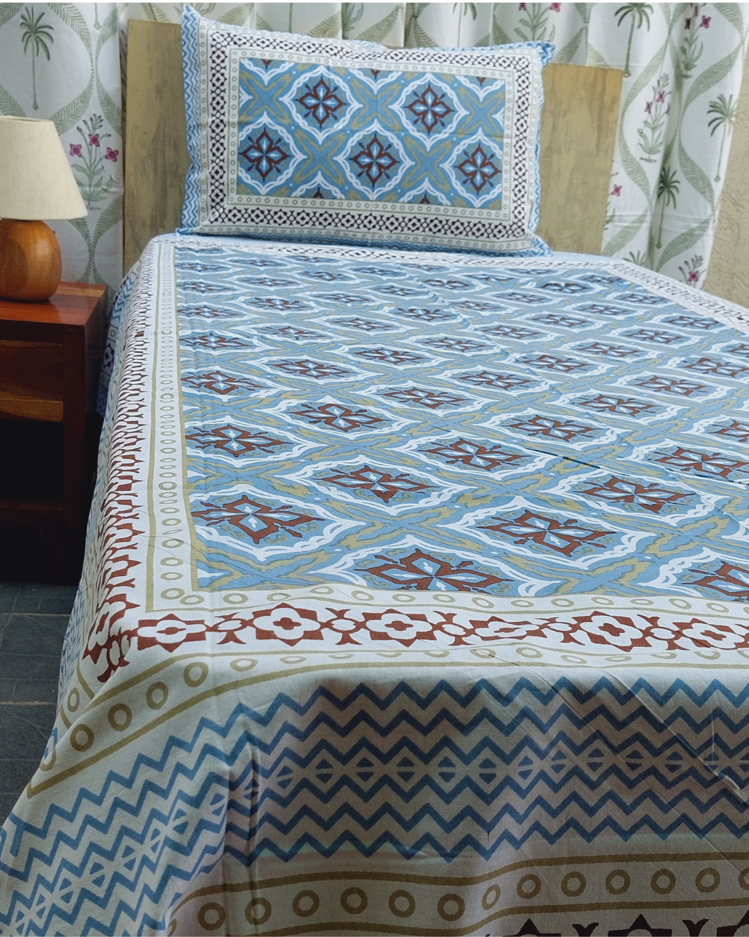 Cotton Single Bed Sheet Yellow Red Geometric Print