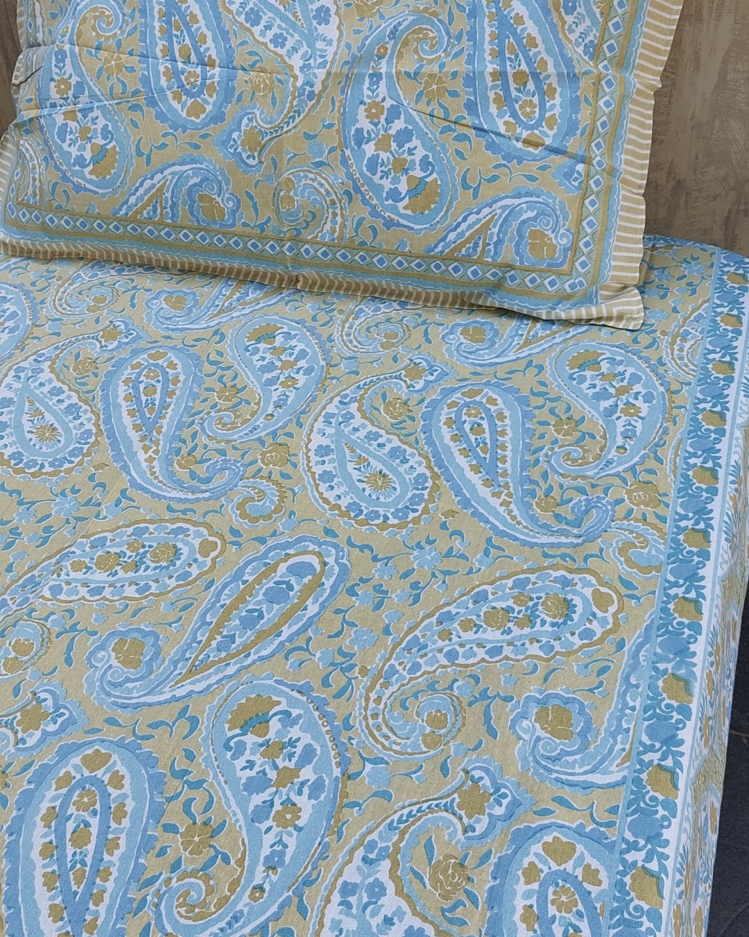 Cotton Single Bed Sheet Moss Green  paisley Print
