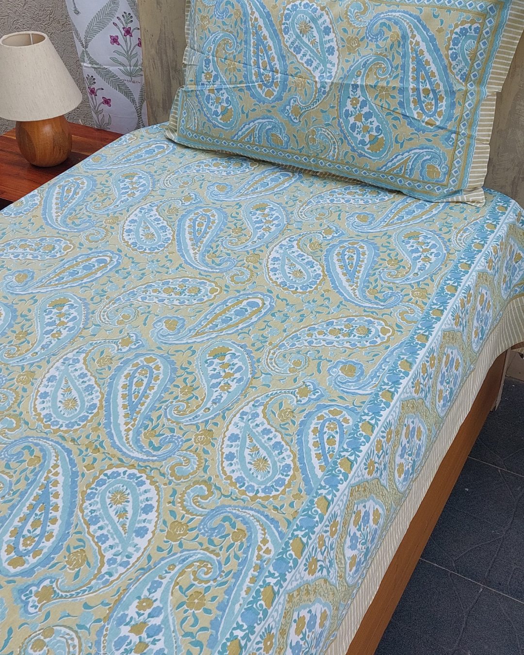 Cotton Single Bed Sheet Moss Green  paisley Print