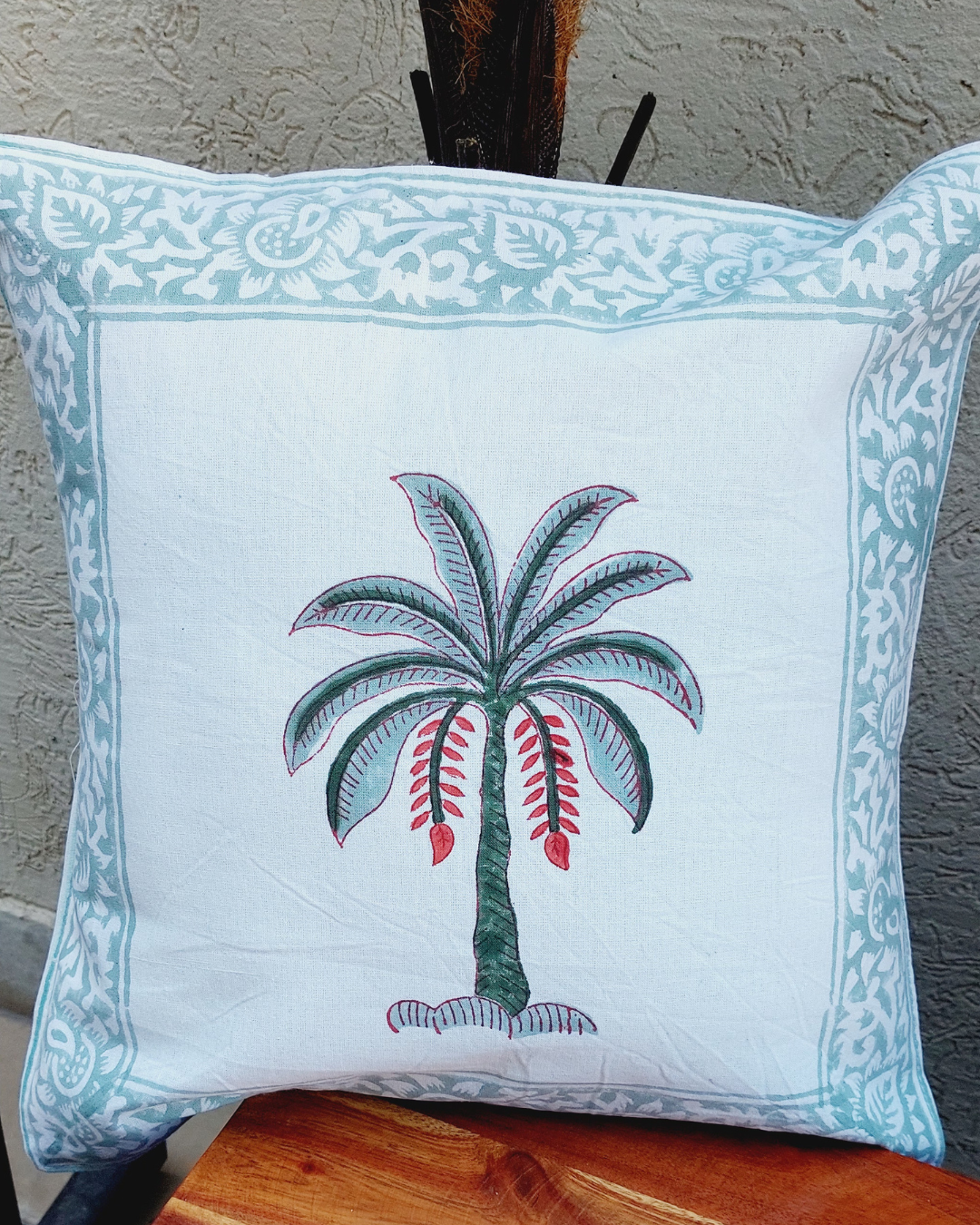 Cotton Bright Green-Red Boota Block Print Cushion Cover