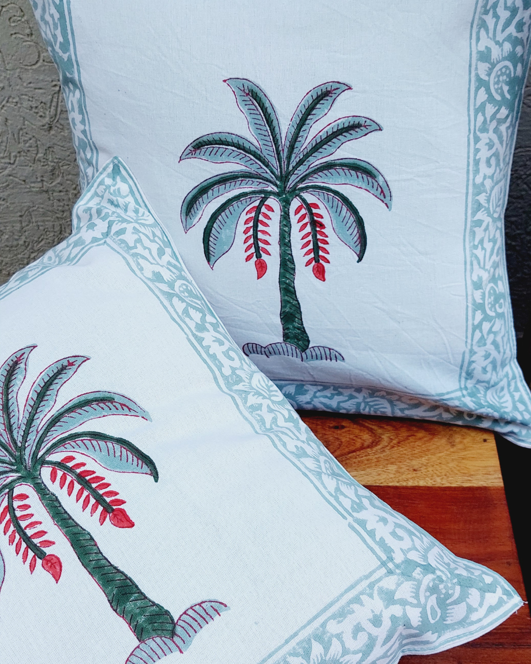 Cotton Bright Green-Red Boota Block Print Cushion Cover