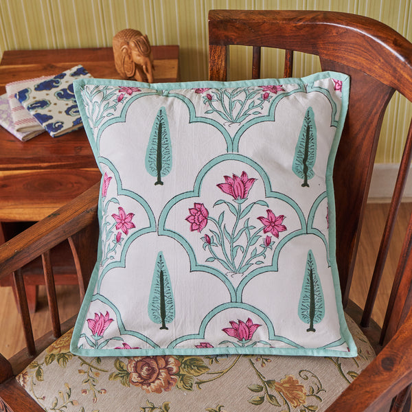 Cotton Cushion Cover Reversible  Lime Green Pink  Floral Block Print