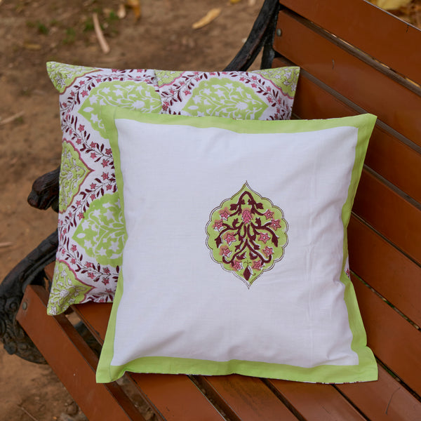 Cotton Cushion Cover Green Pink Floral Ogee Block Print