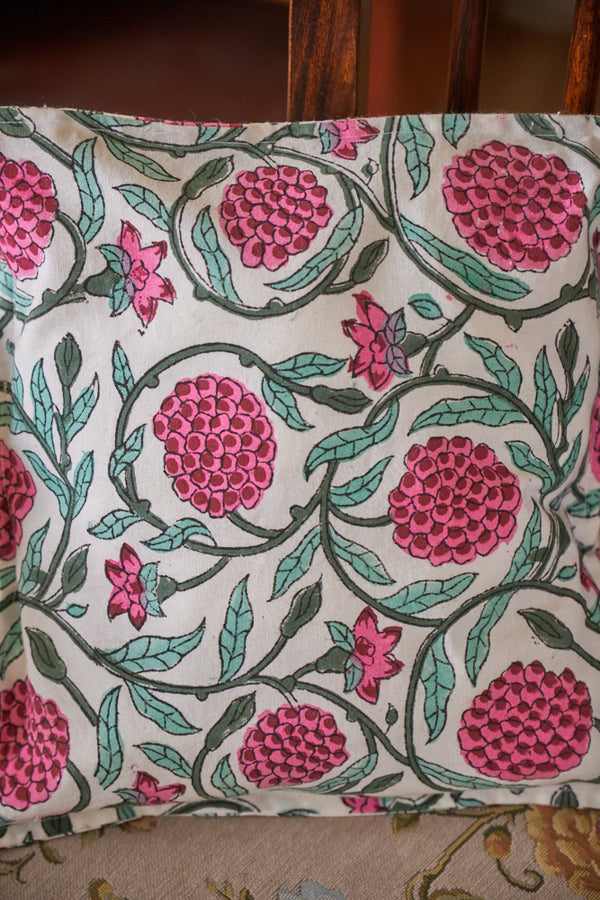 Cotton Cushion Cover Pink Dahlia Block Print