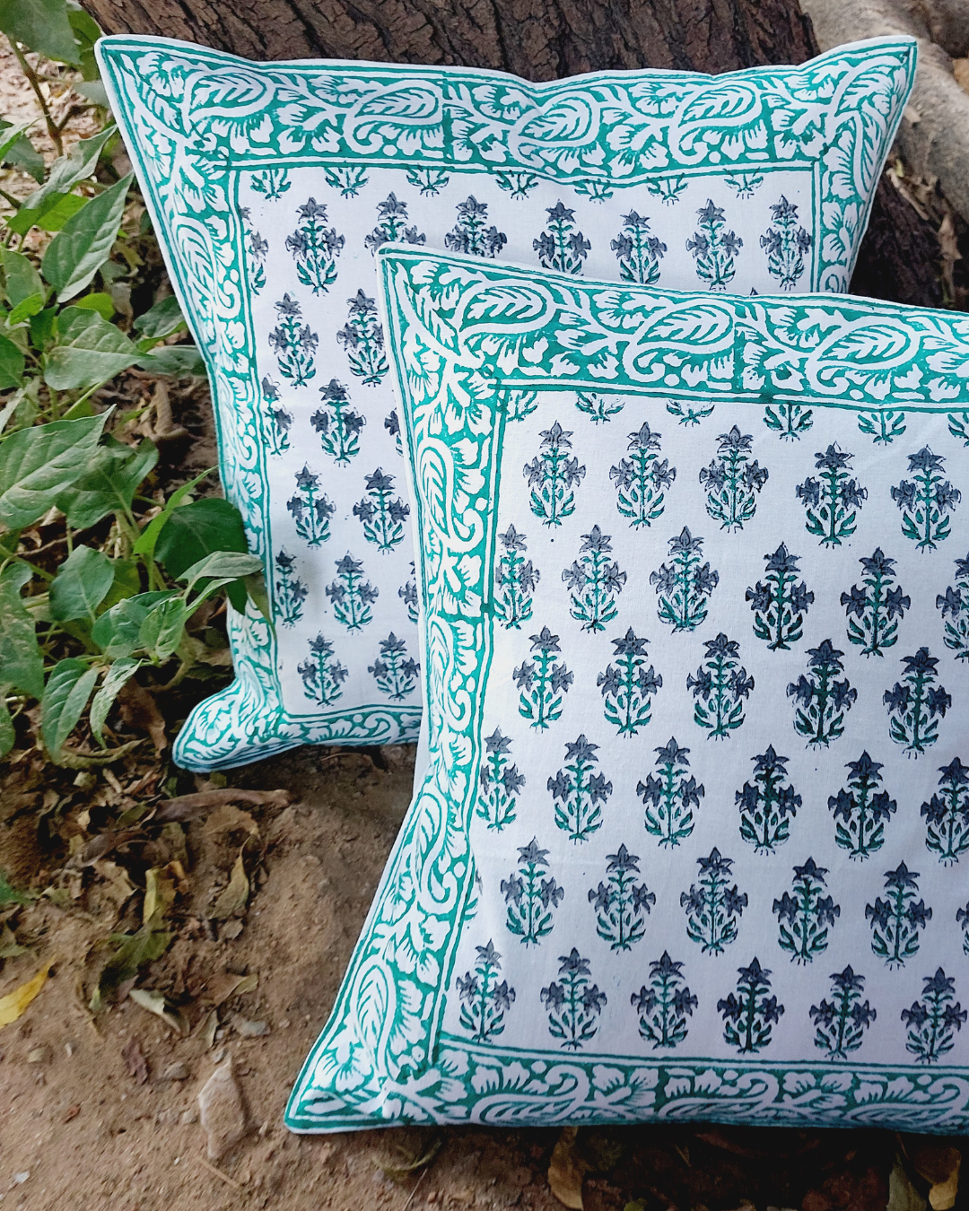 Cotton Cushion Cover Light Sea Green Blossom Floral Block Print