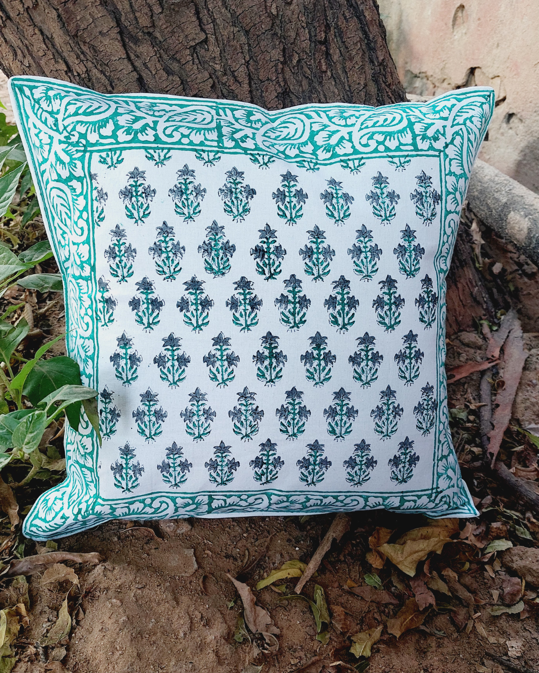 Cotton Cushion Cover Light Sea Green Blossom Floral Block Print