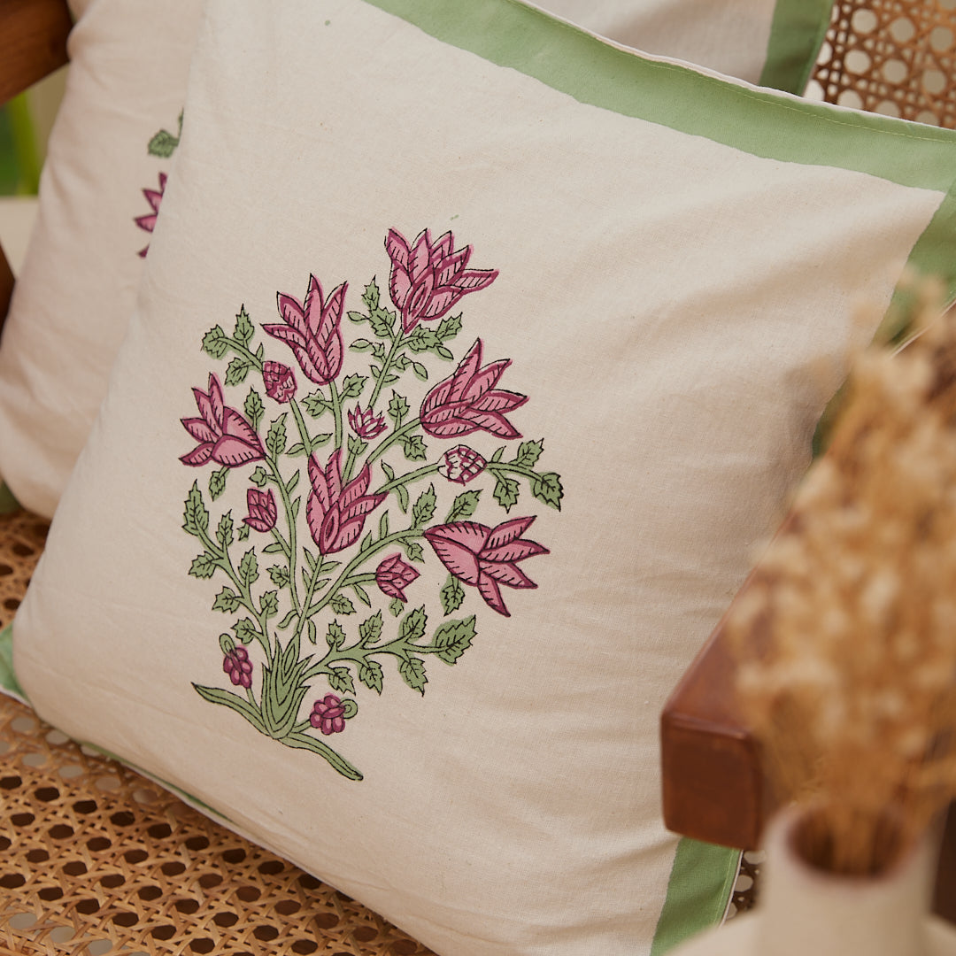 Cotton Cushion Cover Green-Pink Floral Block Print