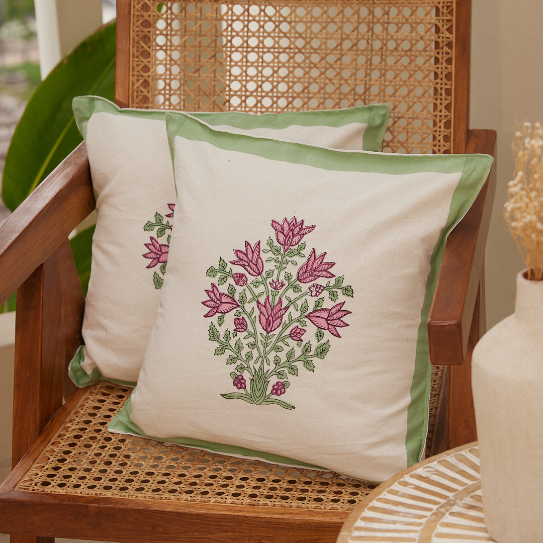 Cotton Cushion Cover Green-Pink Floral Block Print