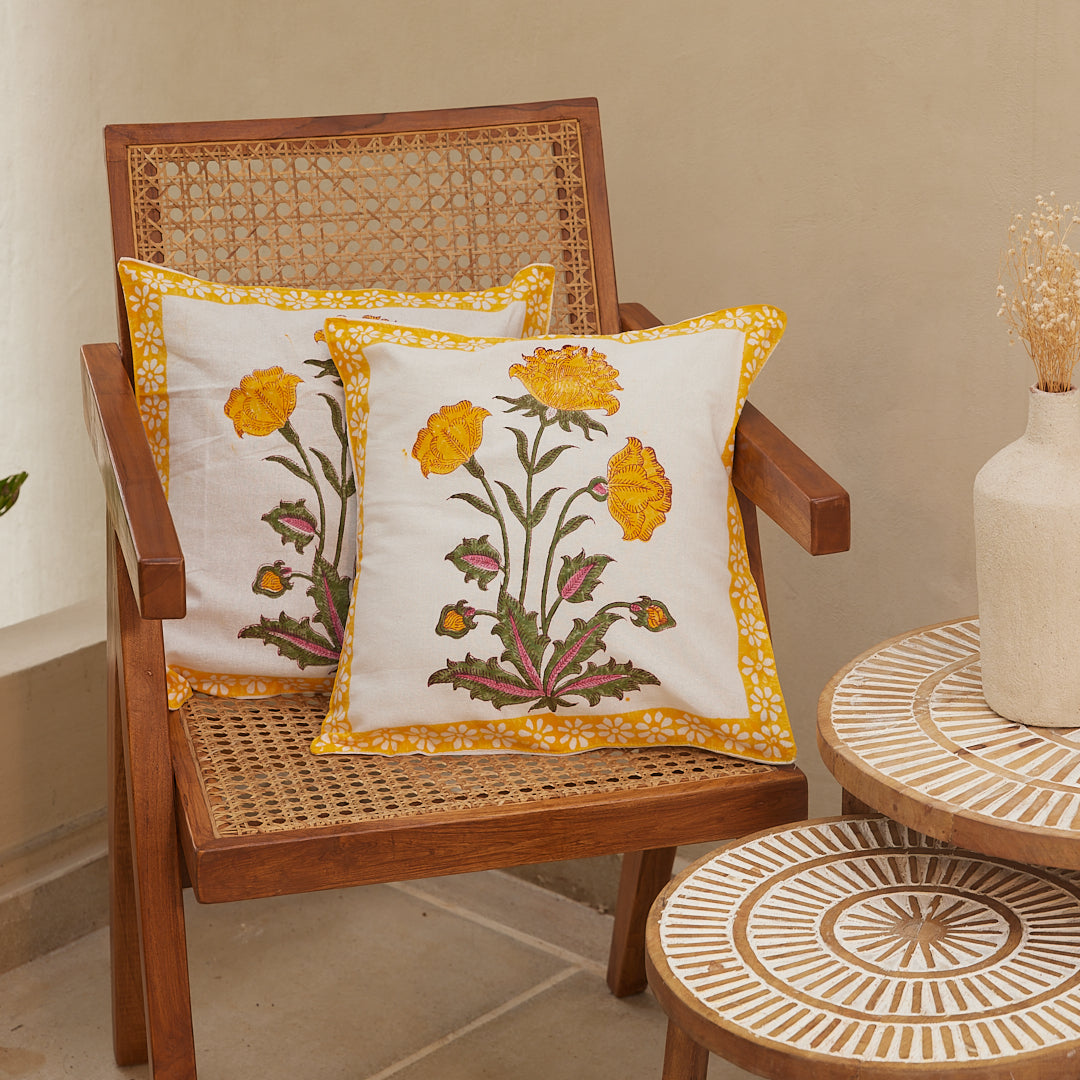 Cotton Cushion Cover Mustard-Green Floral Block Print