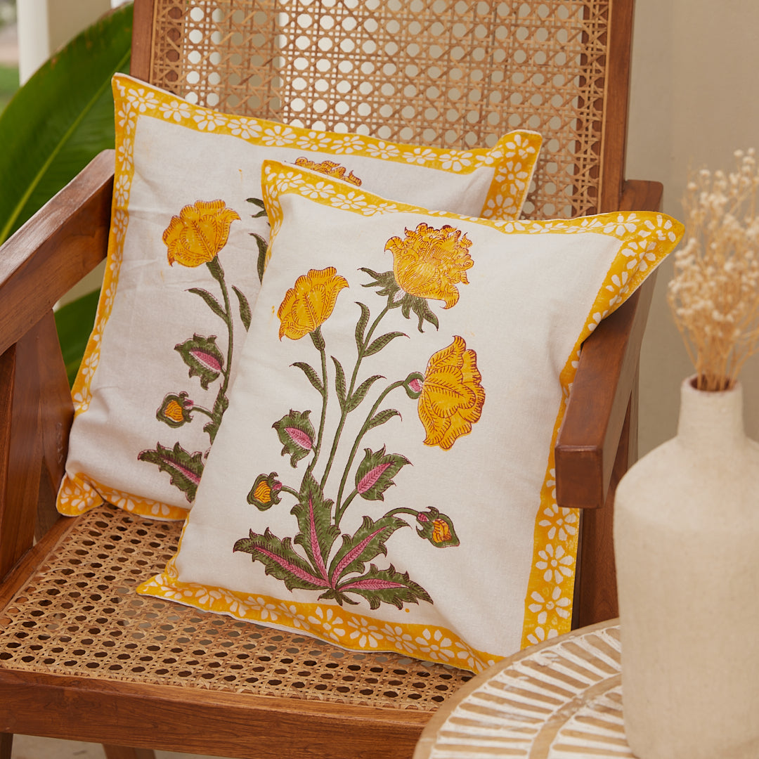 Cotton Cushion Cover Mustard-Green Floral Block Print