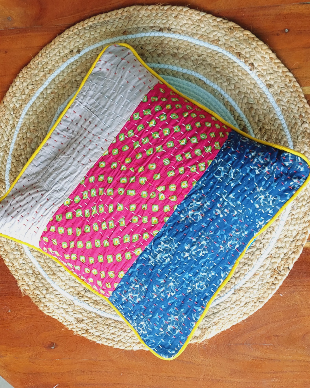 Cotton Cushion Cover Blue-Red Kantha Work Booti Bagru Print