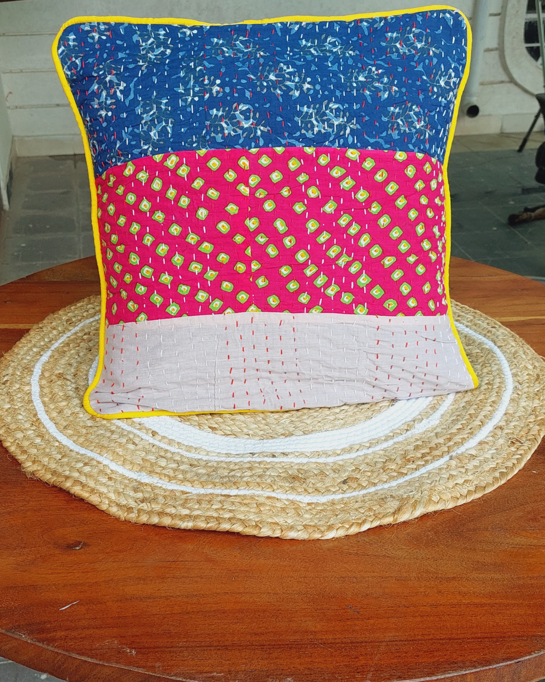 Cotton Cushion Cover Blue-Red Kantha Work Booti Bagru Print