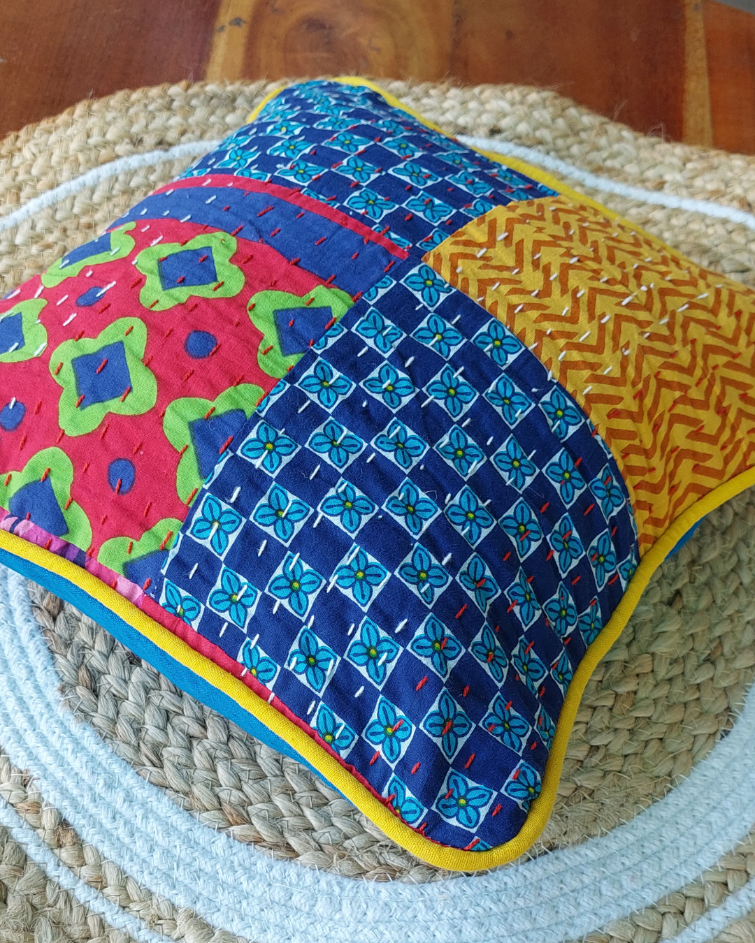 Cotton Cushion Cover Blue-Yellow Kantha Work Bagru Print