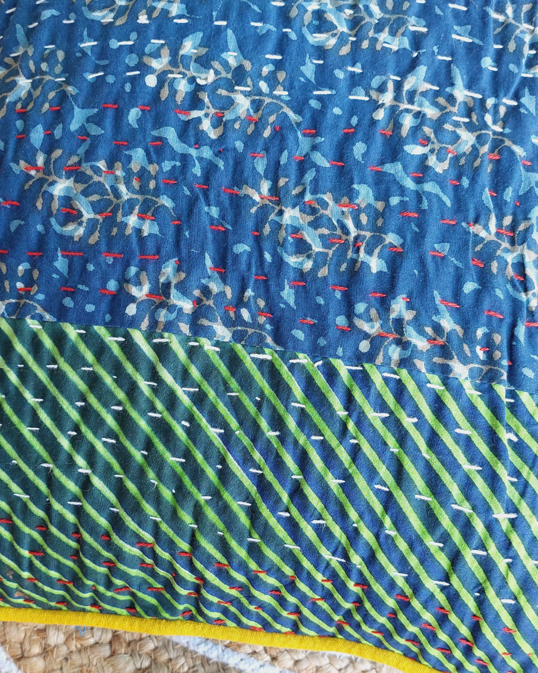 Cotton Cushion Cover Blue-Green  Kantha Work Bagru Print