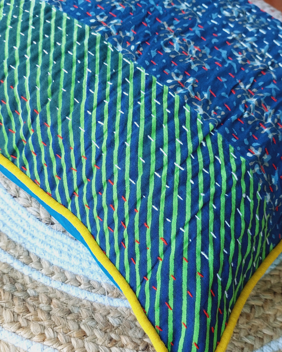 Cotton Cushion Cover Blue-Green  Kantha Work Bagru Print