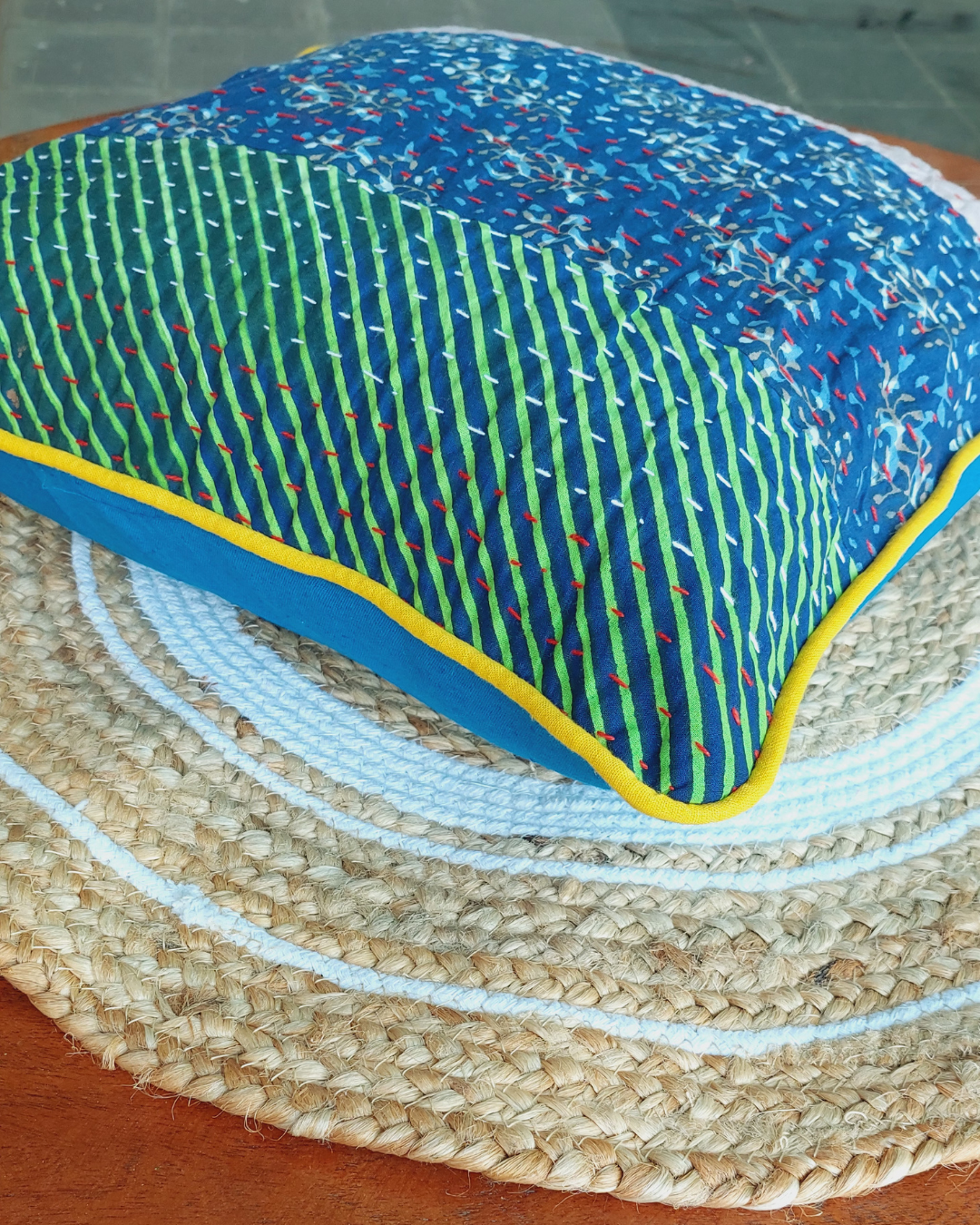 Cotton Cushion Cover Blue-Green  Kantha Work Bagru Print