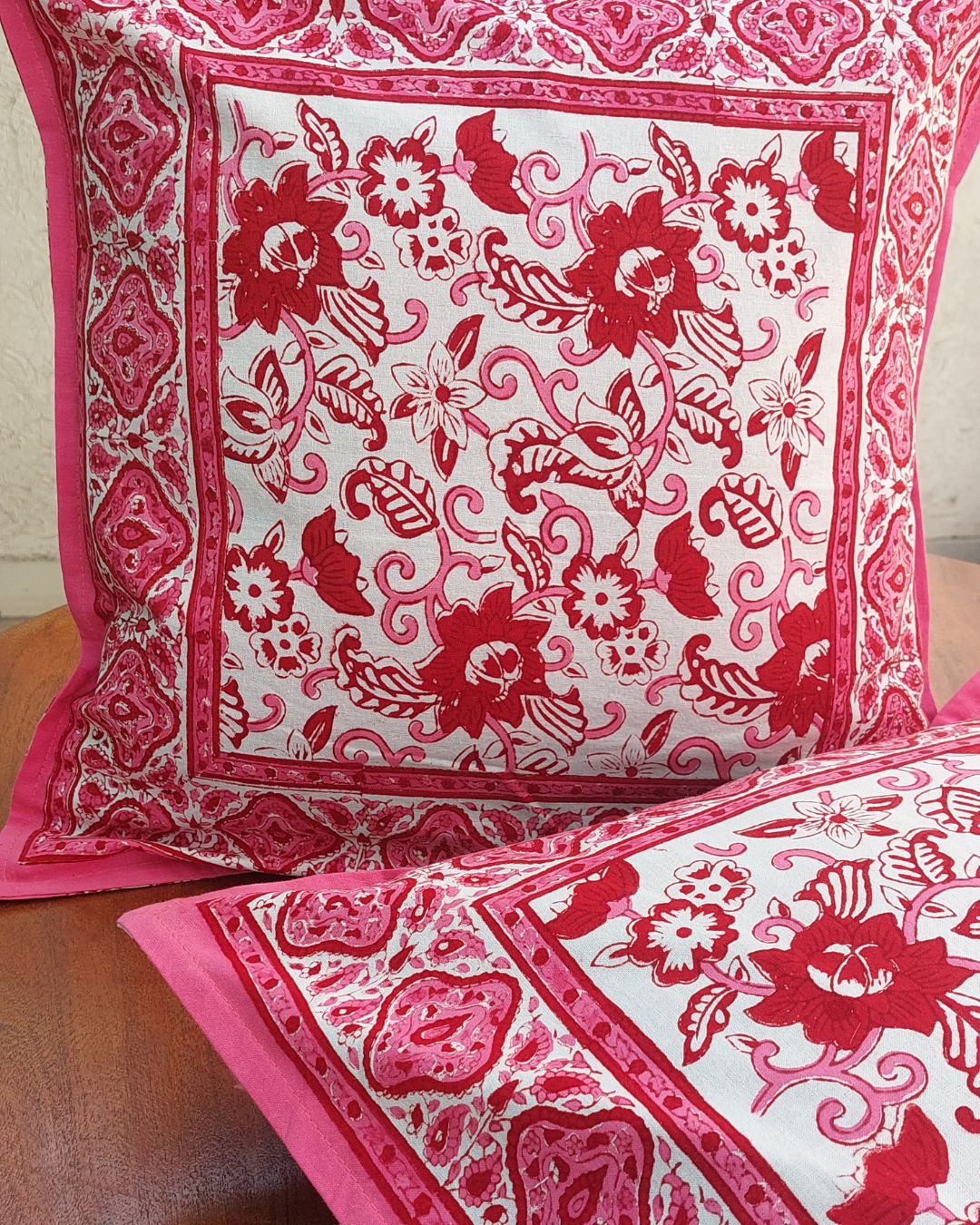 Cotton Pink Floral Block Print Cushion Cover