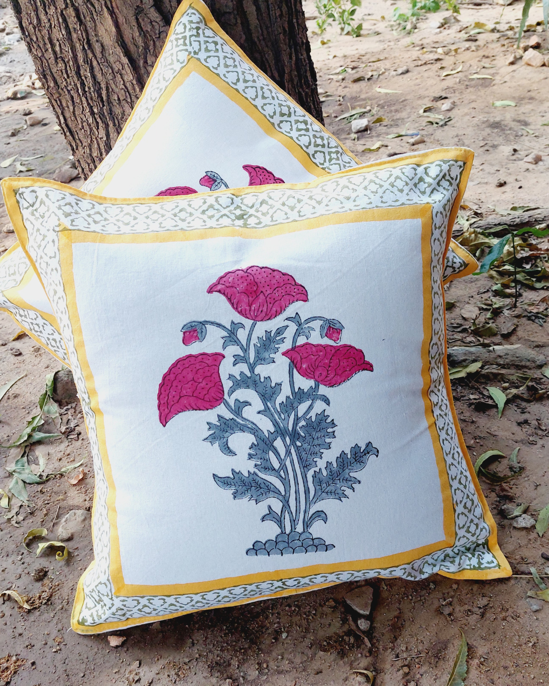 Cotton Cushion Cover Pink Grey Tulip Boota Block Print