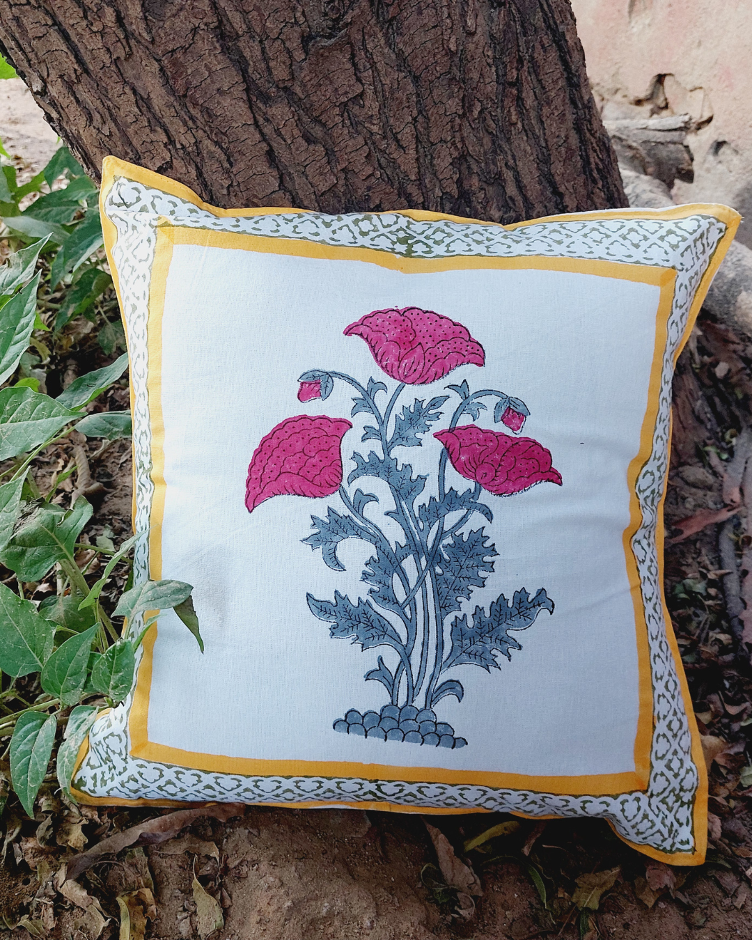 Cotton Cushion Cover Pink Grey Tulip Boota Block Print