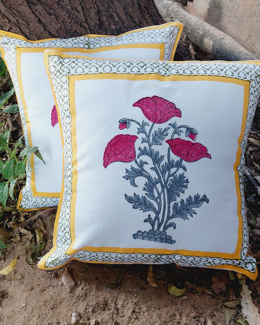 Cotton Cushion Cover Pink Grey Tulip Boota Block Print