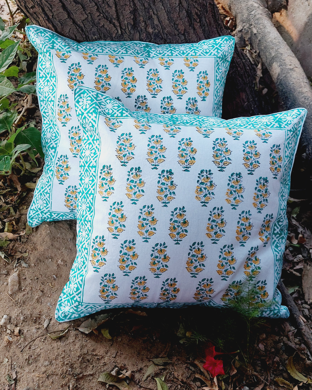 Cotton Cushion Cover Orange Green Booti Block Print