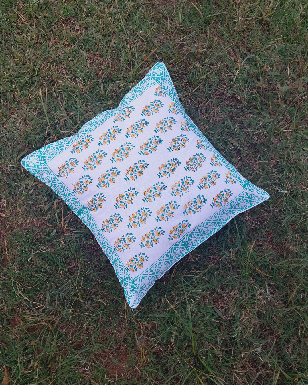 Cotton Cushion Cover Orange Green Booti Block Print