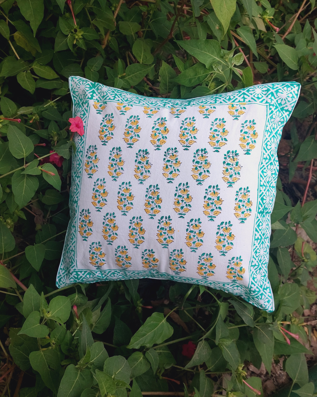 Cotton Cushion Cover Orange Green Booti Block Print