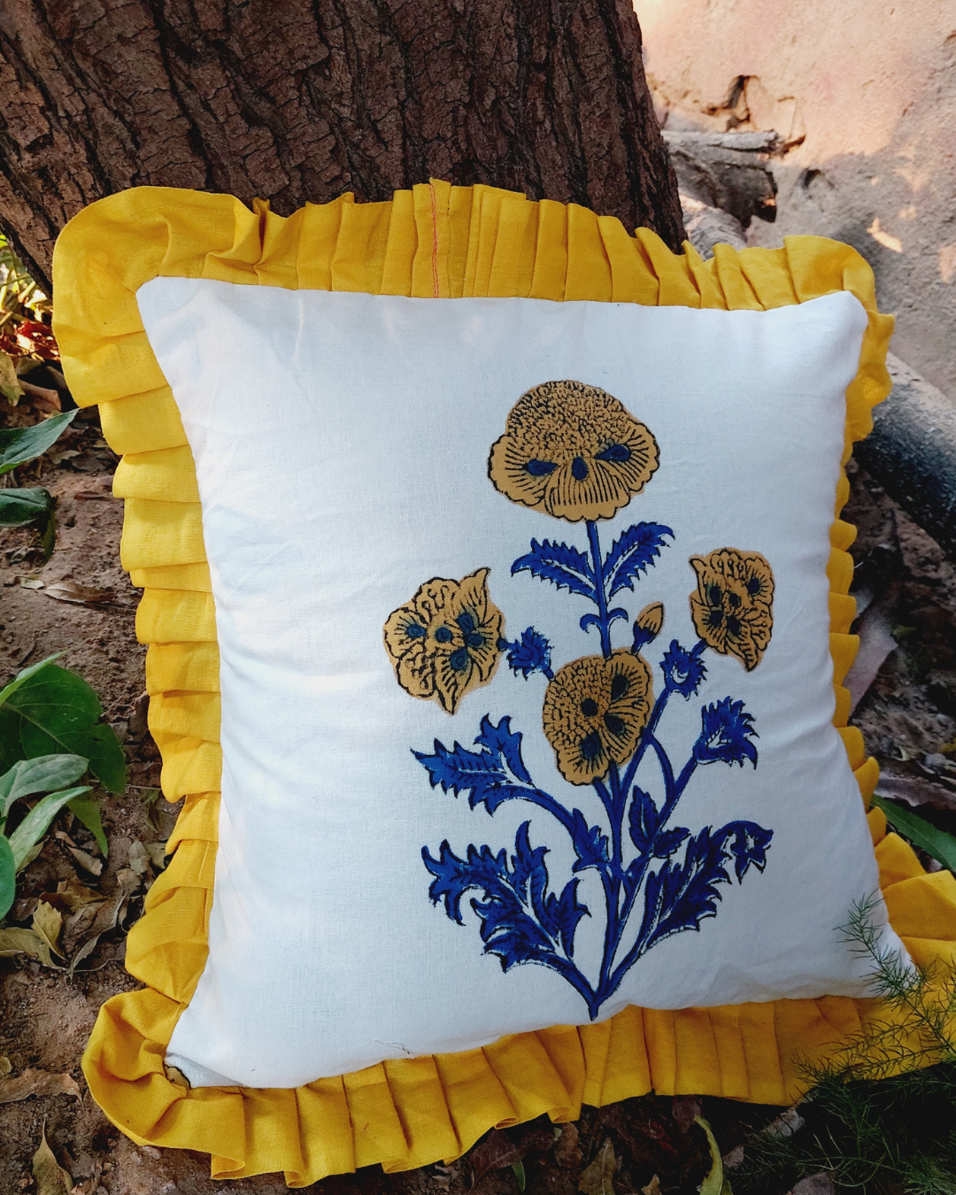 Cotton Cushion Cover Yellow-Blue Floral Boota Block Print