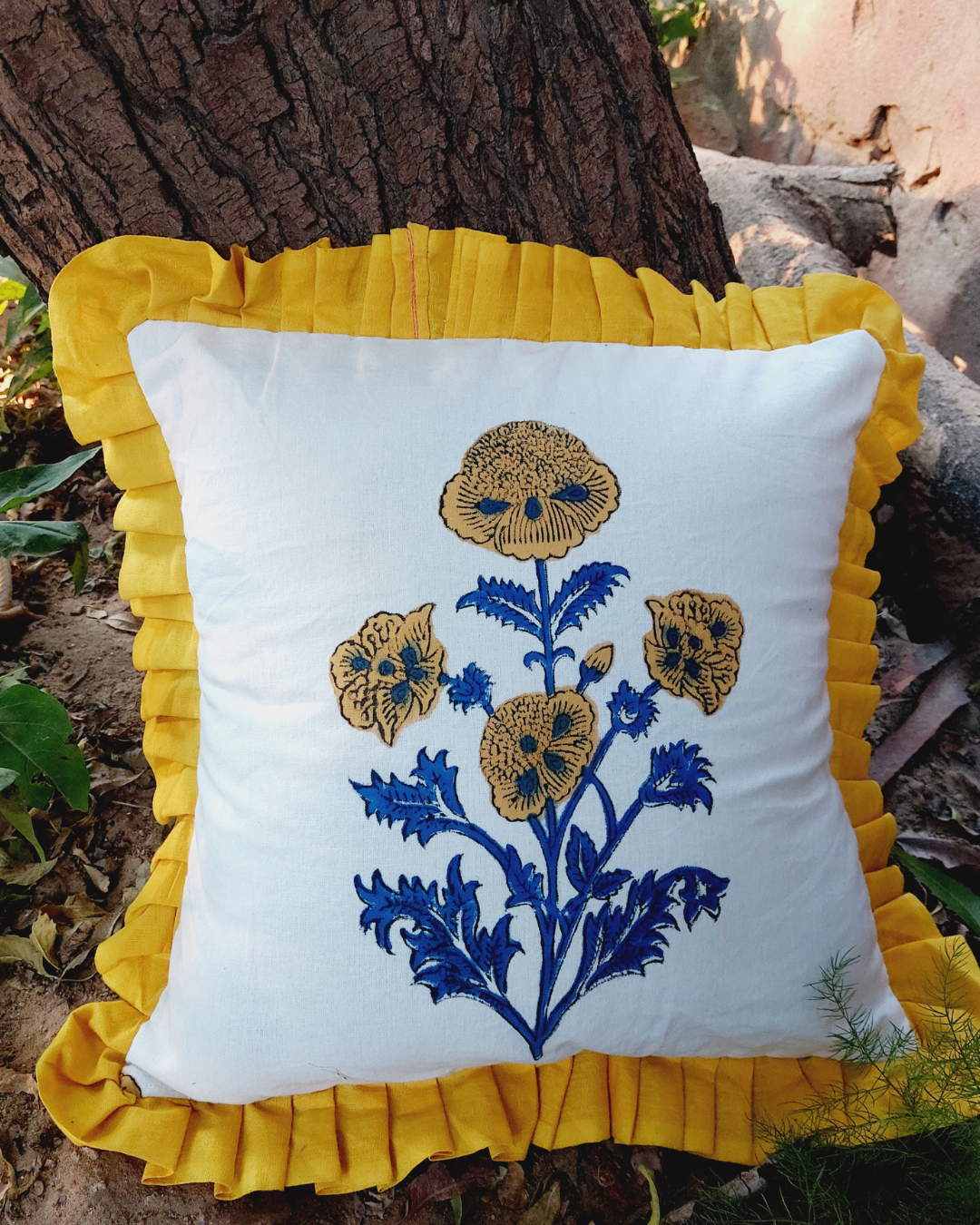 Cotton Cushion Cover Yellow-Blue Floral Boota Block Print
