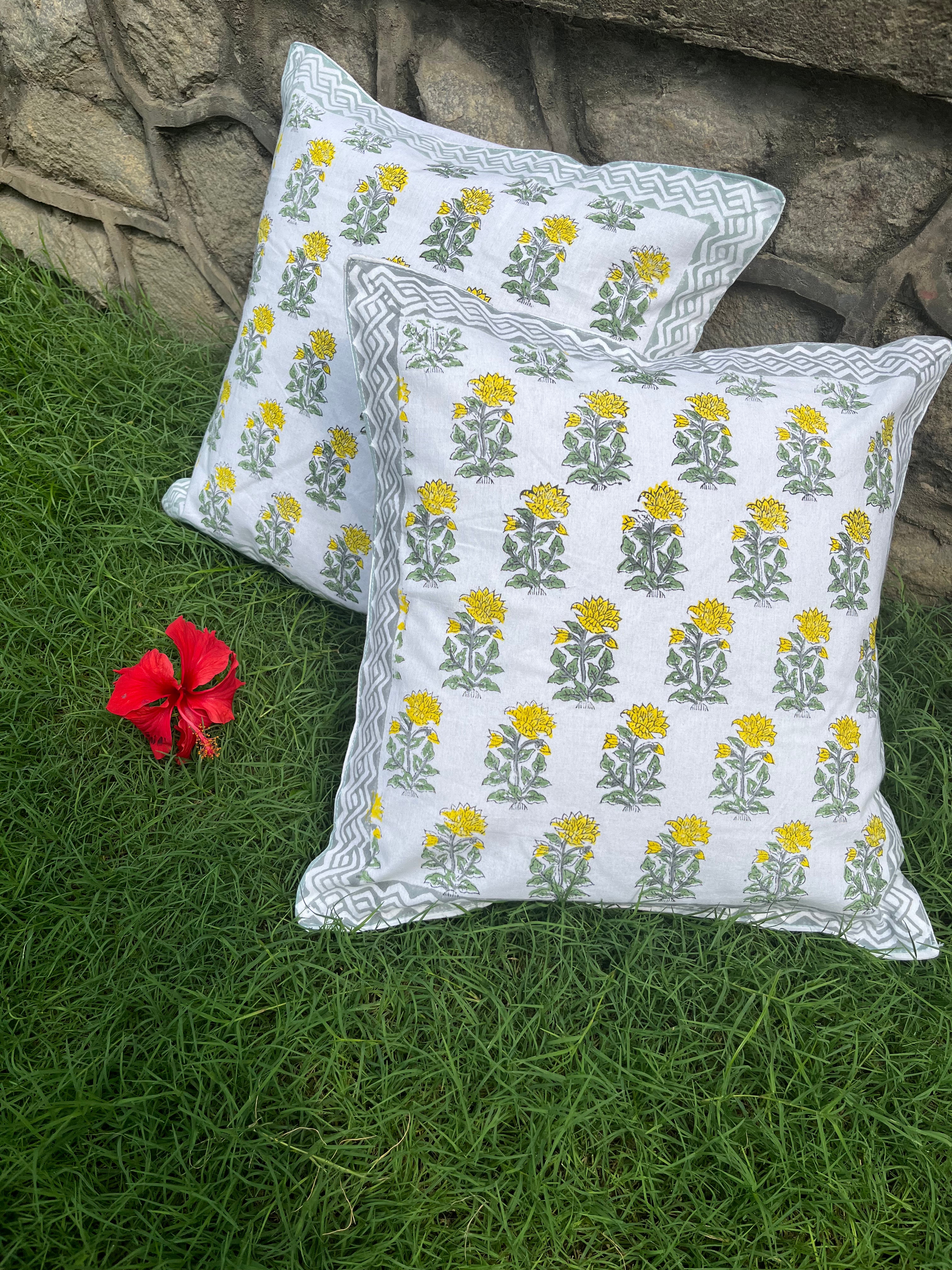 Cotton Cushion Cover Green Floral Booti Block Print